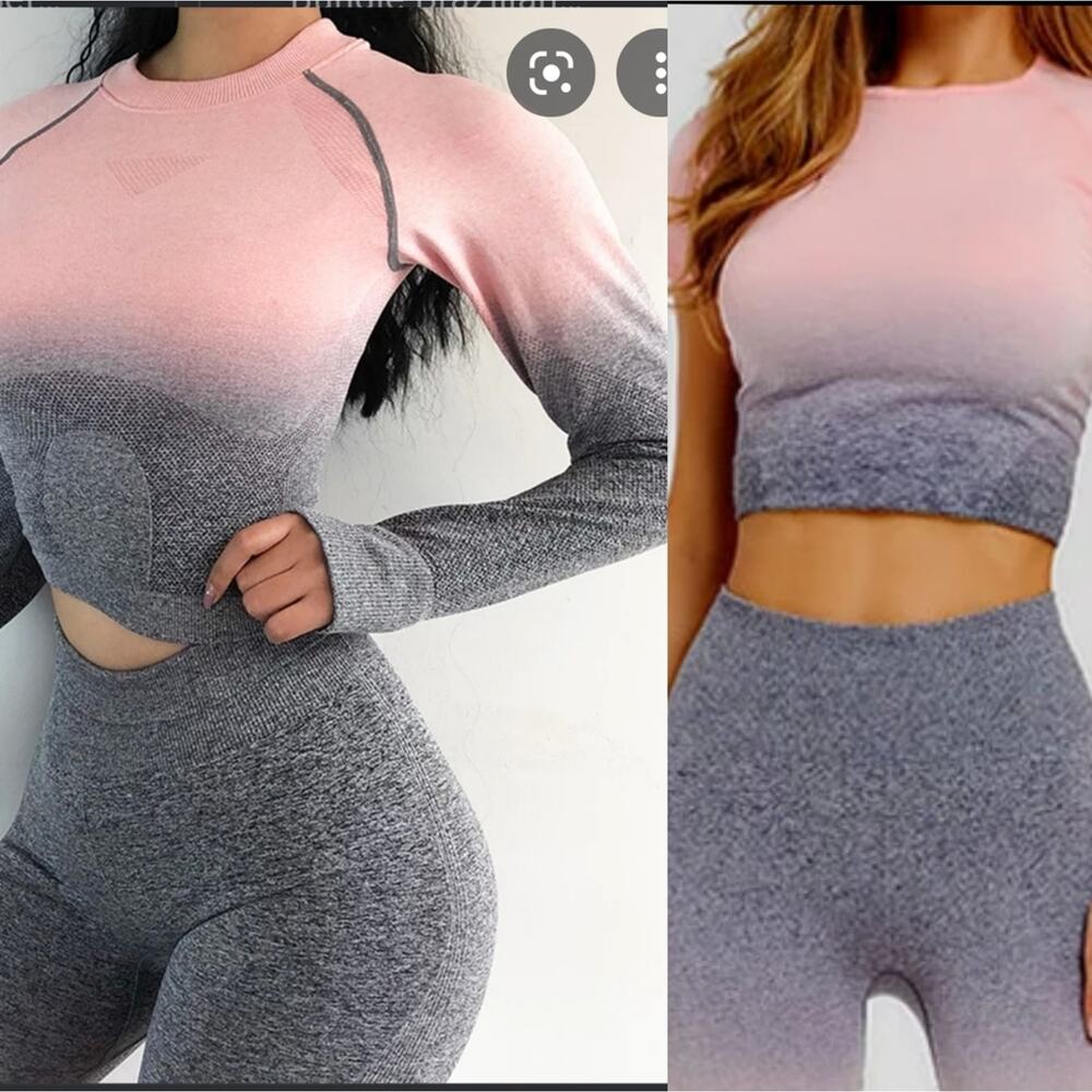 Set of 2 Pink Gray Ombre Gradient Workout Tops Compression Thumb Hole S